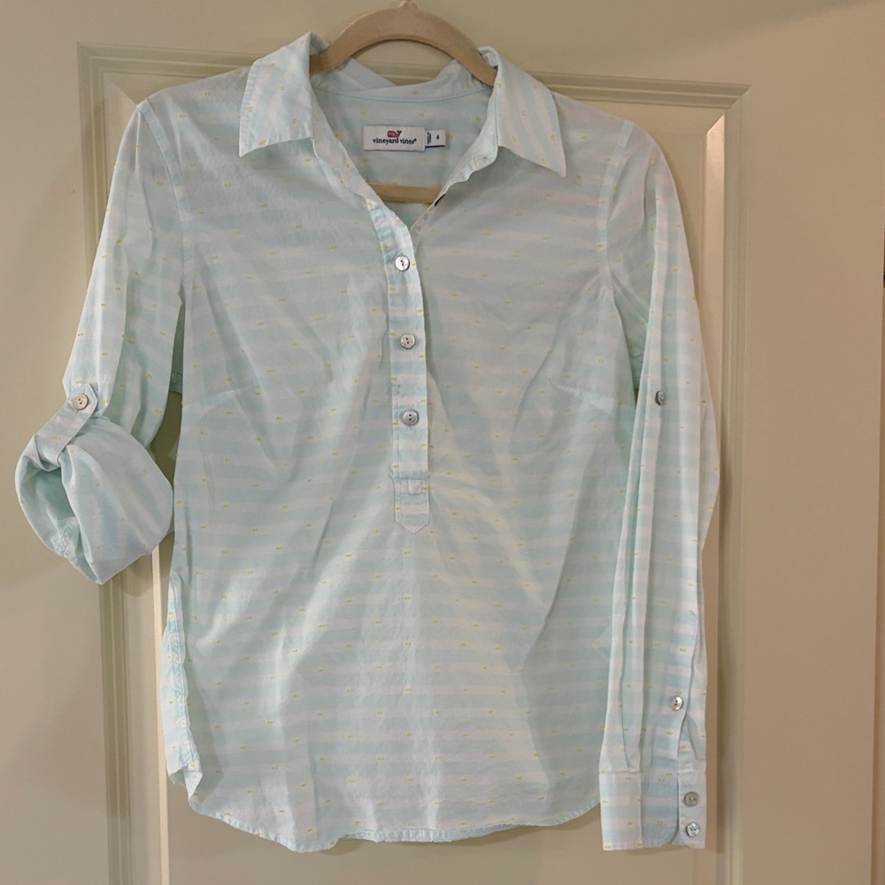 Vineyard Vines Pastel Blue Shirt with Yellow Dots